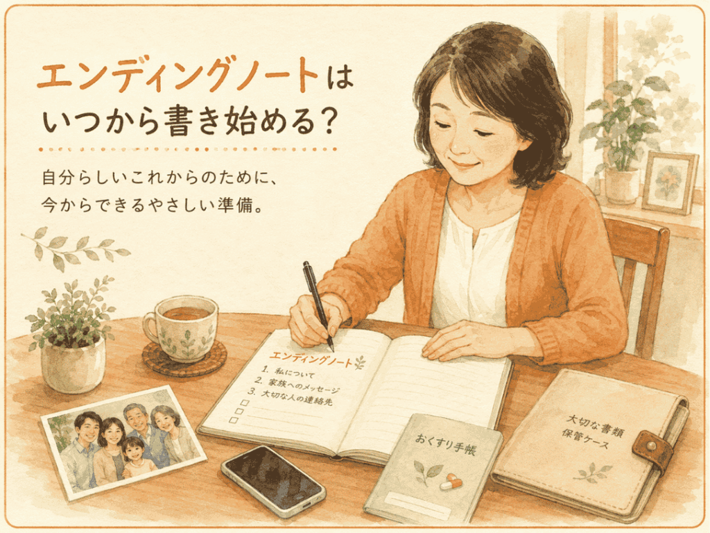 エンディングノートはいつから書くかをイメージした、ノートを書き始める女性のイラスト