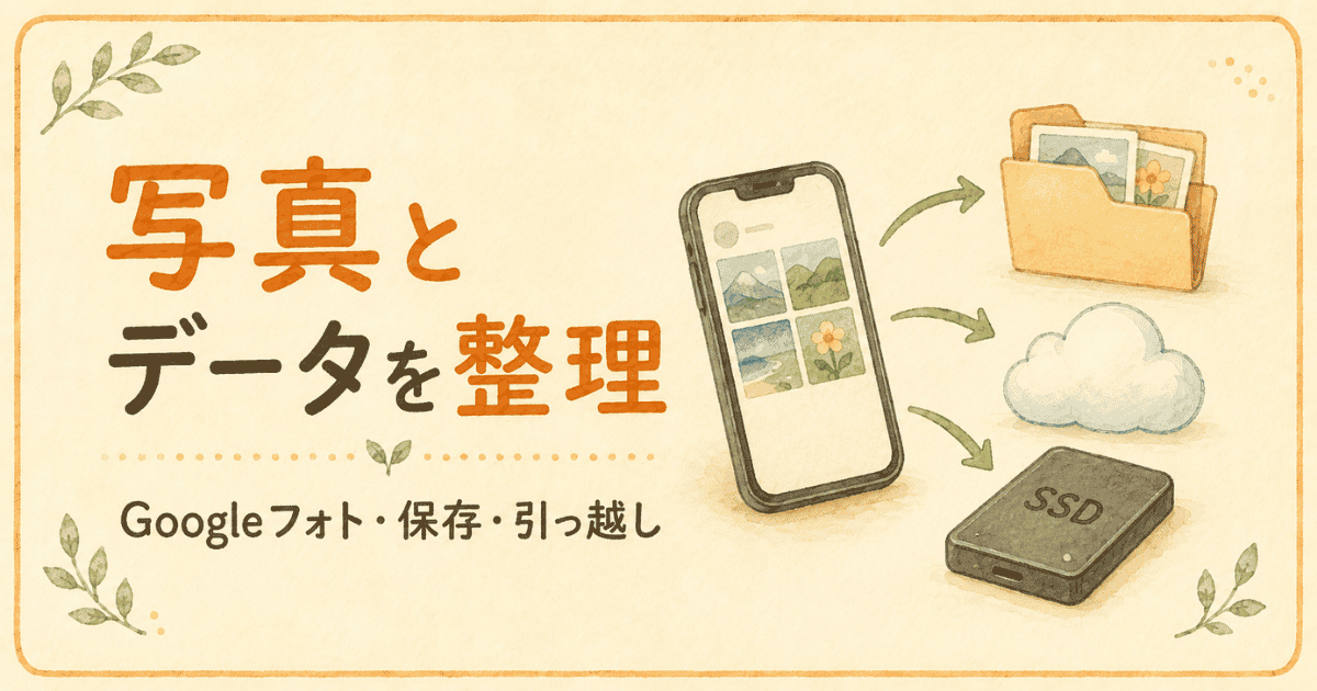 Googleフォトや外付けSSDを使って写真とデータを整理するイラスト