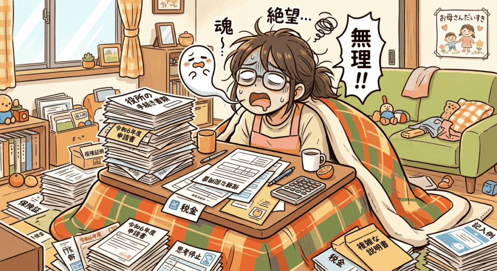 家族が亡くなった後の手続きで、スマホや通帳、書類を前に何から始めるか迷う家族のイラスト