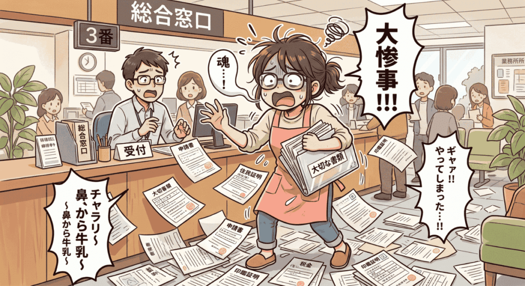 身内が亡くなり手続きの為に役所へ来たが、書類がたくさんあり窓口で書類を落として散らかり焦っている女性の画像
