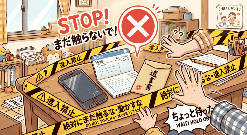 スマホや通帳、遺言書などをすぐ処分・解約せず、先に確認する大切さを示すイラスト