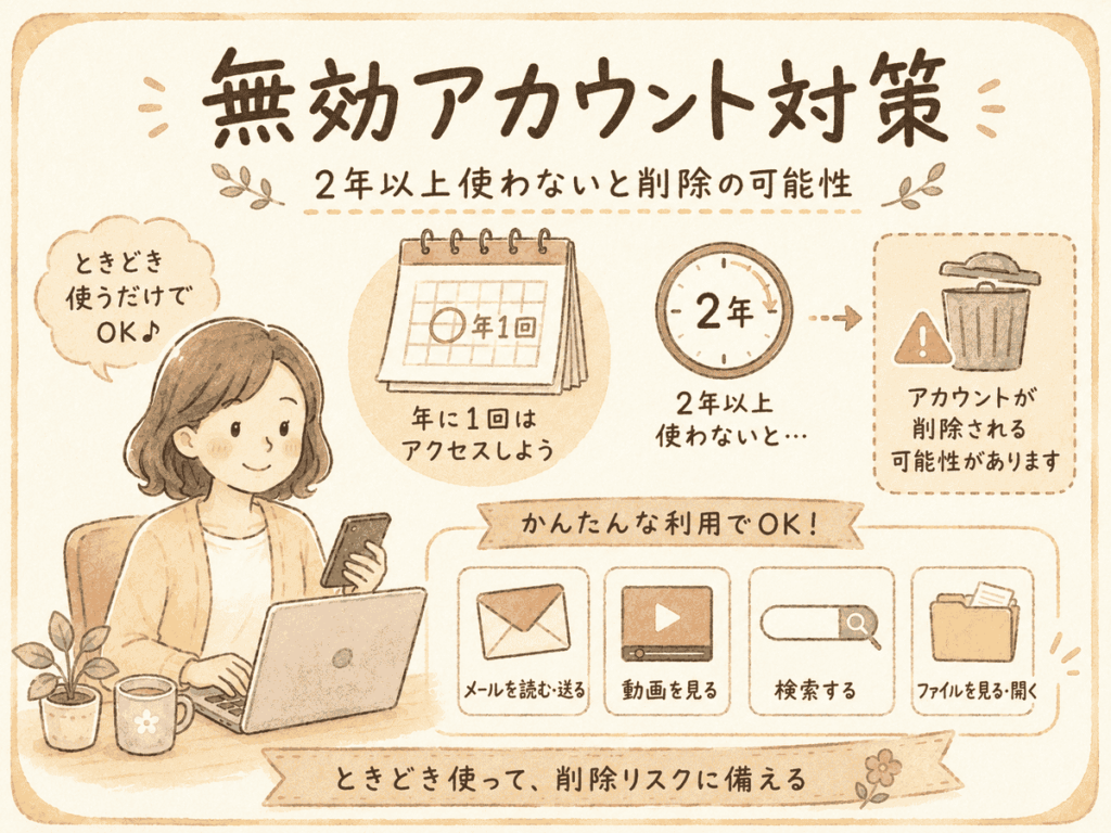 Googleアカウントを年1回利用して削除リスクに備えるイラスト