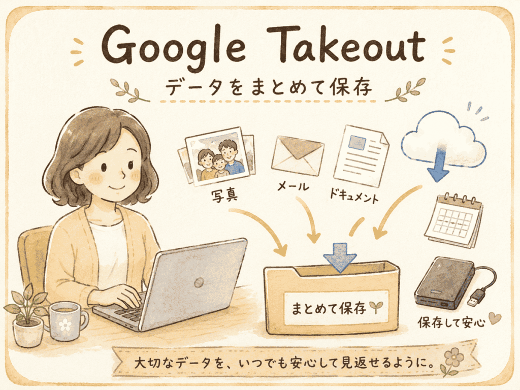 Google Takeoutで写真やメール、書類をまとめて保存するイラスト