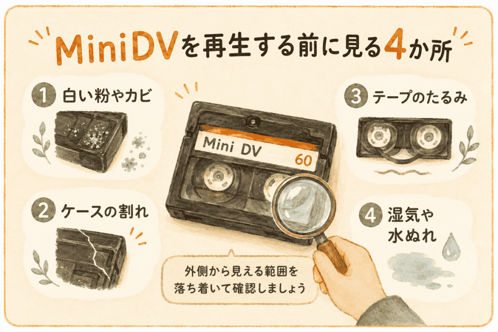 MiniDVを再生する前にカビ・湿気・割れ・テープのたるみを確認する図