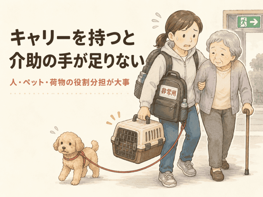 高齢者を支えながら、ペットキャリーと防災用品を持って避難する大変さを表したイラスト
