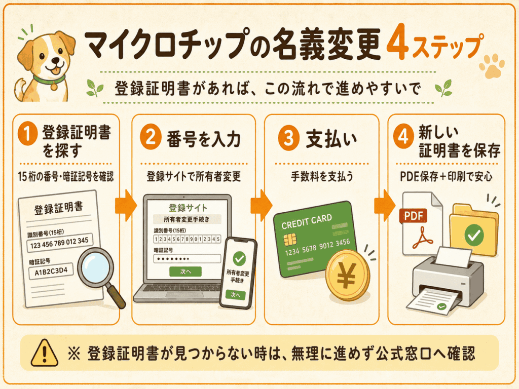犬のマイクロチップ所有者変更で登録証明書を探し、番号入力、支払い、証明書保存をする流れ