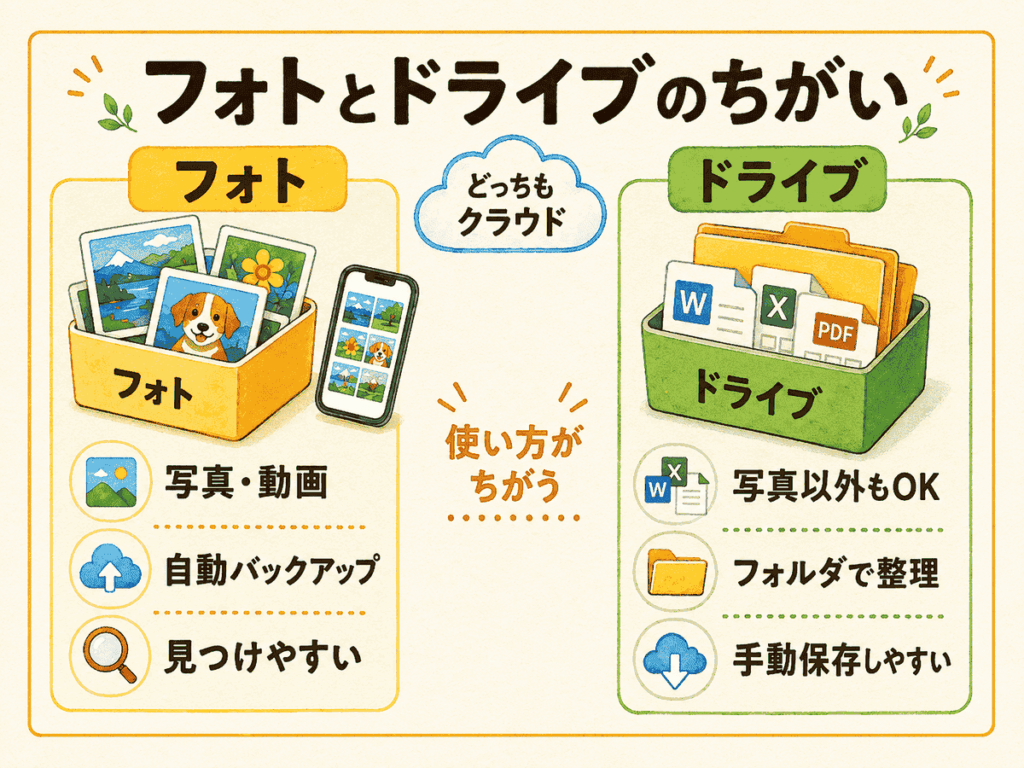 GoogleフォトとGoogleドライブの違いを比較した図