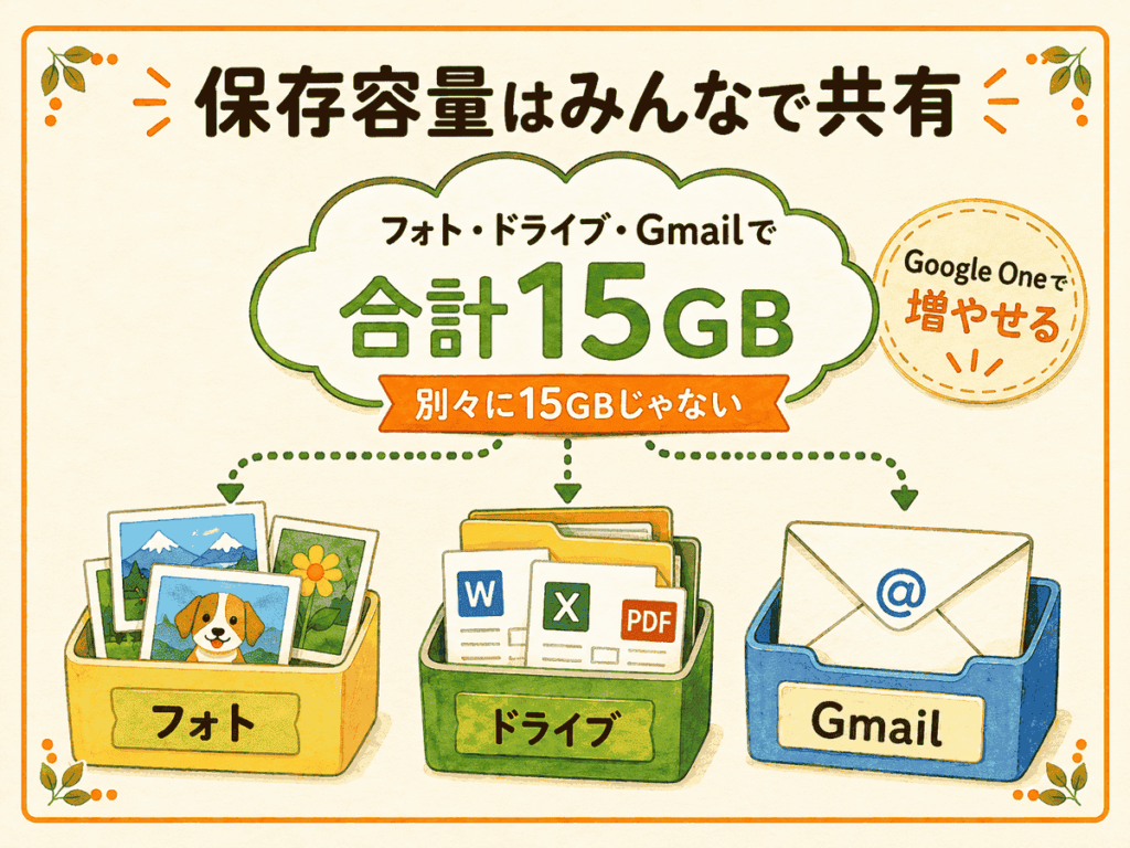 Googleフォト、Googleドライブ、Gmailの保存容量は別々ではなく、合計15GBを共有して使うことを説明した図。Google Oneで容量を増やせることも示している。