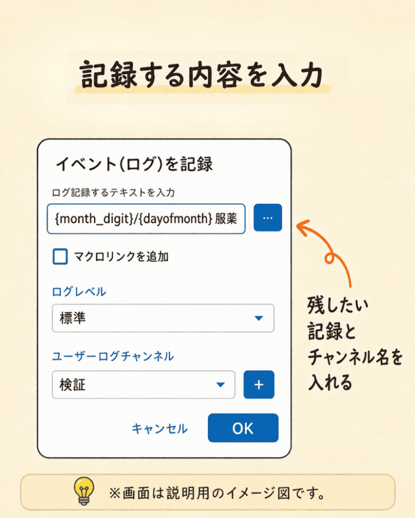 MacroDroidのアクションにイベントログ記録が追加された状態を示すイメージ図