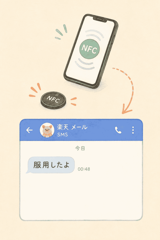 NFCタグにスマホをかざして服用したことをSMSで家族へ送信する仕組みのイメージ図