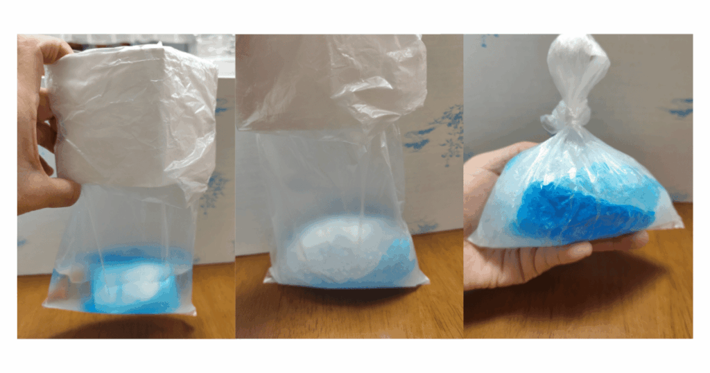 新聞紙吸水実験と比較するために簡易トイレにも300ml入れた画像。