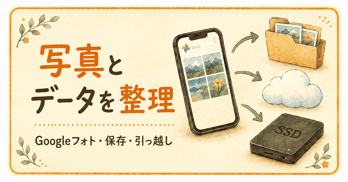 スマホの写真をGoogleフォトやクラウド、SSDへ整理・保存するイメージ