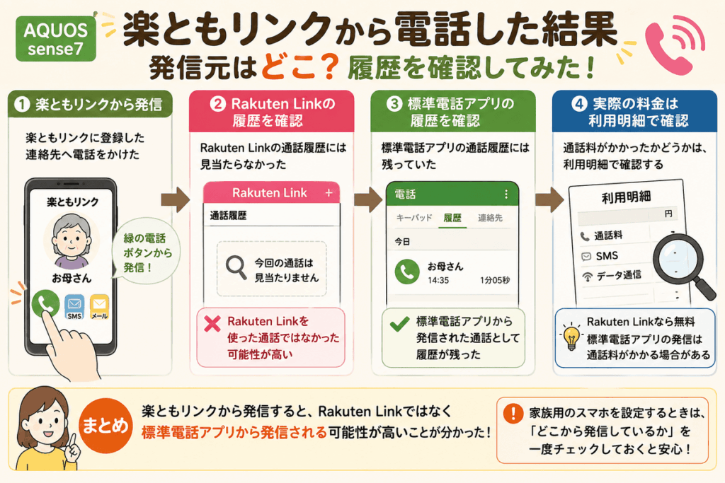 AQUOS sense7で楽ともリンクから電話し、Rakuten Linkと標準電話アプリの履歴を確認した結果をまとめた図解
