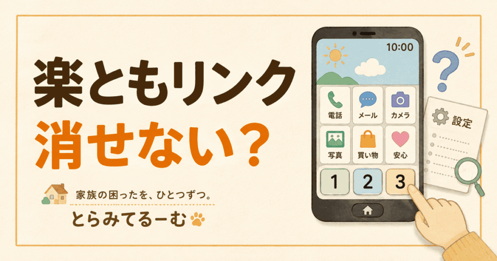 AQUOS sense7で楽ともリンクを非表示にしたいのに、設定が見つからず困っている様子を表したアイキャッチ画像