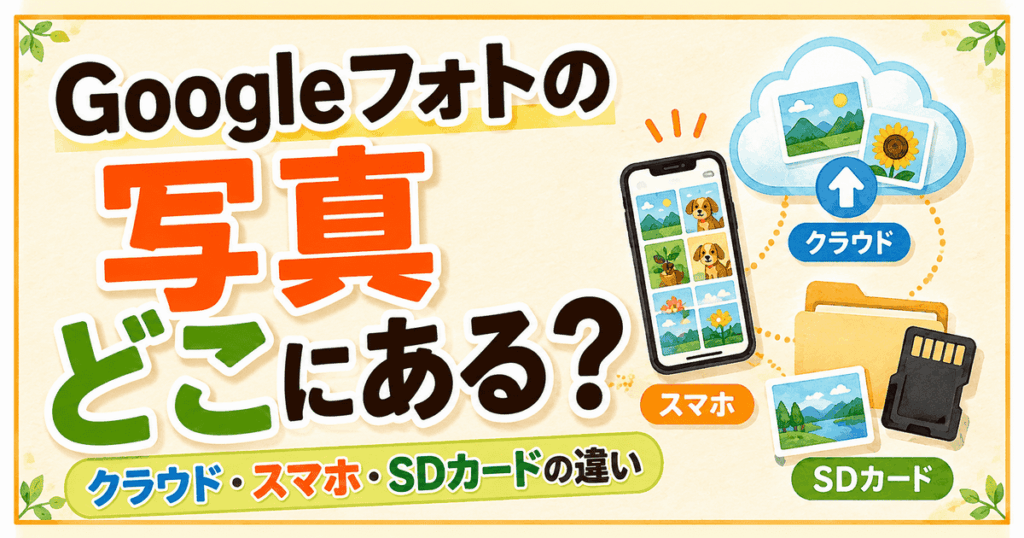 Googleフォトの写真はどこにある?クラウド・スマホ・SDカードの違いを示したアイキャッチ