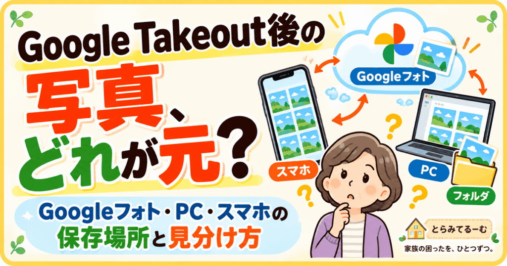 Google Takeout後の写真の保存場所と見分け方を示したイラスト
