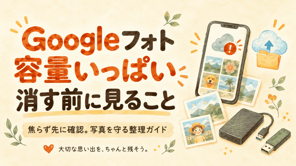 Googleフォトの容量がいっぱいになった時に、写真を消す前の確認ポイントを説明するアイキャッチ画像